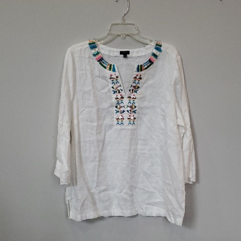Talbots Top Womens XL White Linen Tunic with Colorful Fish Embroidery